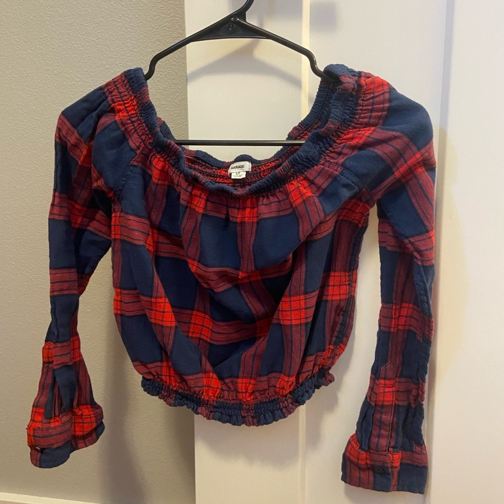 Off the Shoulder Cropped Flannel Top